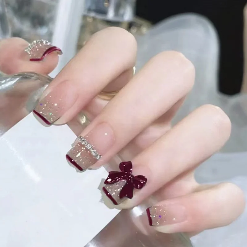 24Pcs Short Square French Nails Set Press on Shiny Powder Rhinestone Fake Nails 3D Bow Design Reusable Full Cover False Nail Tip