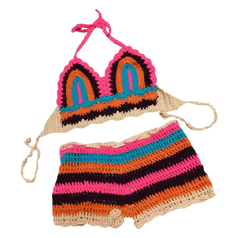 Summer Sexy Beach Vacation Bikini Split Color Striped Hand Crochet Knitted Swimsuit Set High Waist Two Pieces Woman Swimsuits