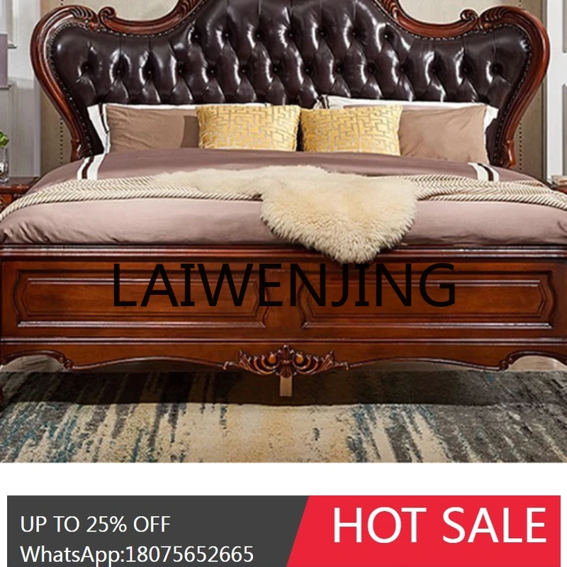 

RWJ American Country European Master Bedroom First Layer Leather Bed Luxury Carved