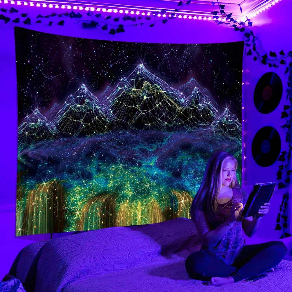 Black Light Tapestry UV Reaction Psychedelic  Wall Hanging Hippie DJ  for Bedroom Dorm Indie Room Decor