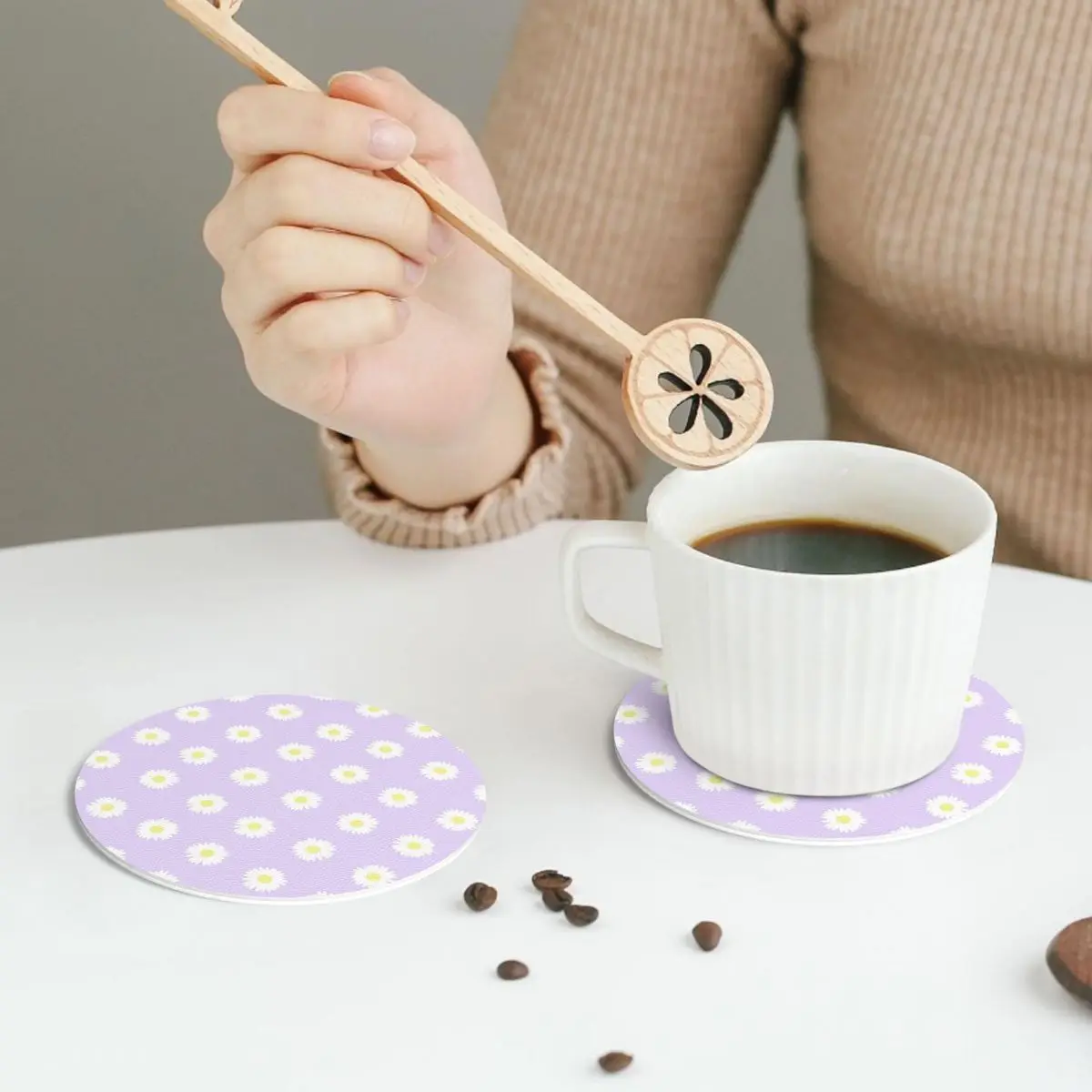 Daisy Purple Pastel Aesthetic Cute Daisies Flower Cottagecore Coasters PVC Leather Placemats Coffee Mats  Dining Pads Set of 6