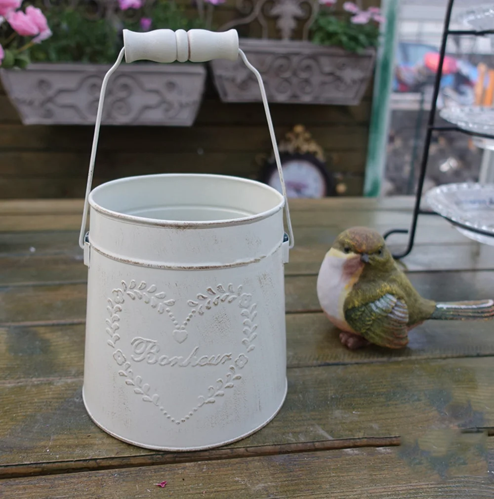 Vintage Distressed Metal White Mini Bucket Flower Vase