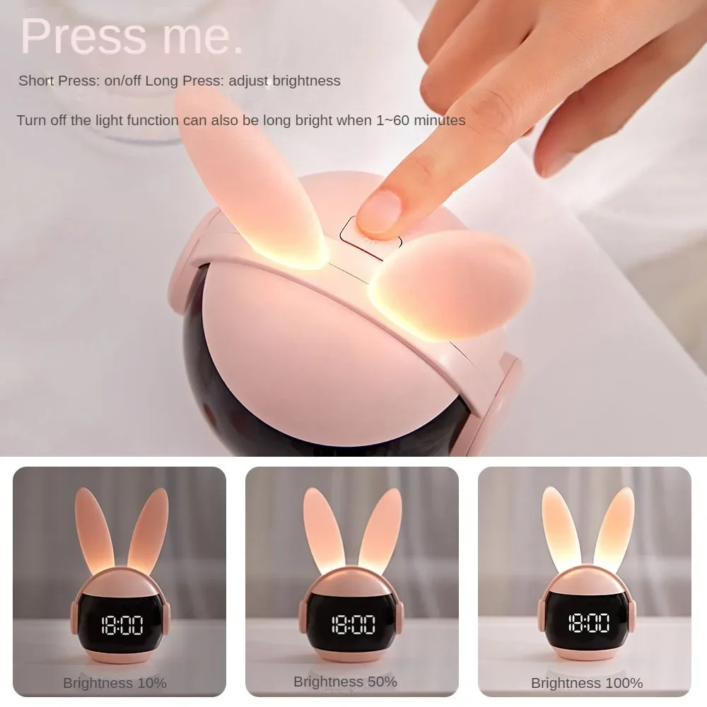 Rabbit Night Light Alarm Clock Lamp Countdown Charging Mute Student Bedside Cartoon Mini Silicone Children Birthday Gift Decor