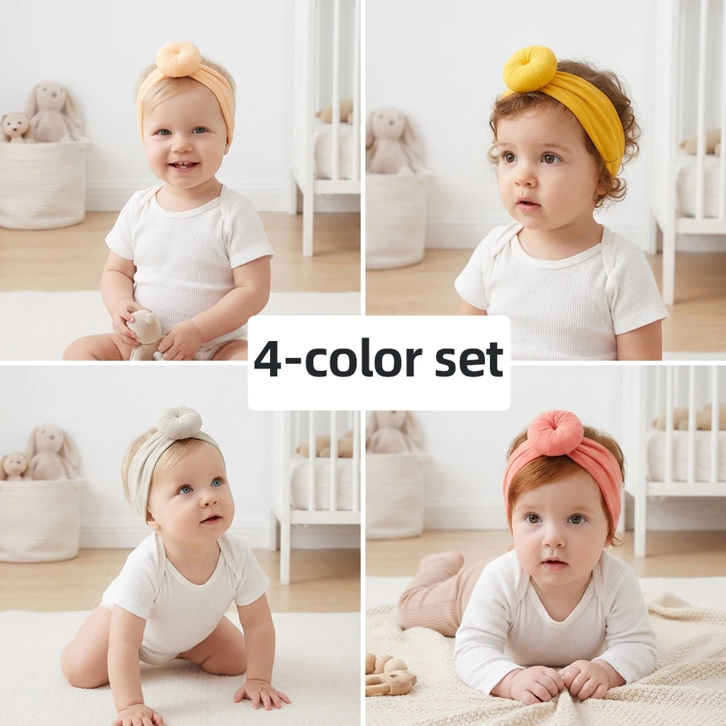 

4-piece set baby headbands, nylon wide children's hair accessories, soft pom-pom stockings, wide hairband headscarf