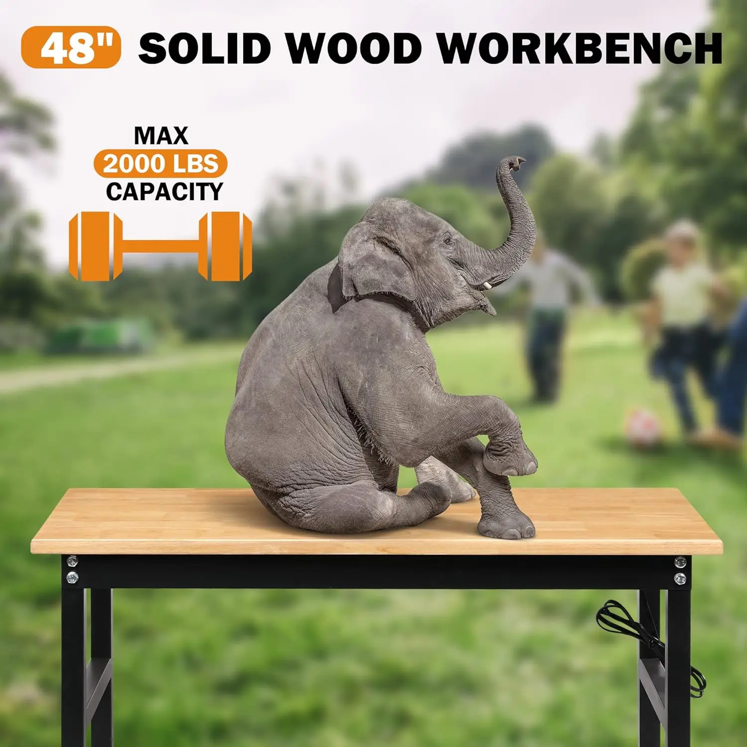 Adjustable Height Workbench, 48" Rubber Wood Top Heavy duty Workstation with Power Outlets, 2000 LBS Load Capacity Hardwood