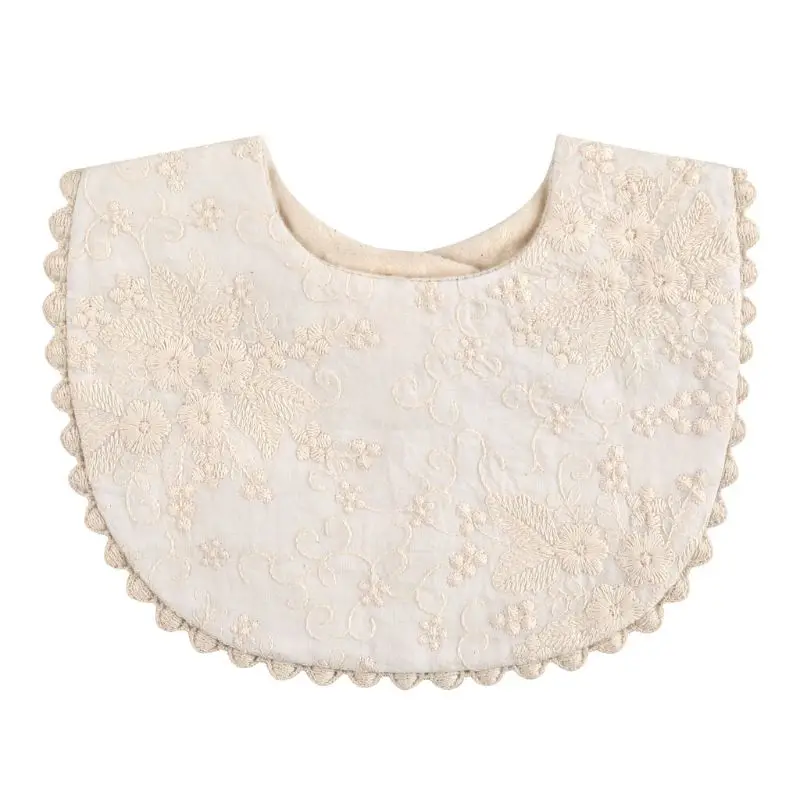 Boho Beige Baby Unisex Cotton Drooler Bibs With Embroidery Flowers for Eating 360° Bibs for Newborn Infant for Drooling