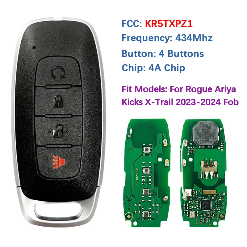 

CN027102 Послепродажный 4-кнопочный смарт-брелок с дистанционным управлением 4A чип 434 МГц FCC KR5TXPZ1 S180146106 для Rogue Ariya Kicks X-Trail 2023+