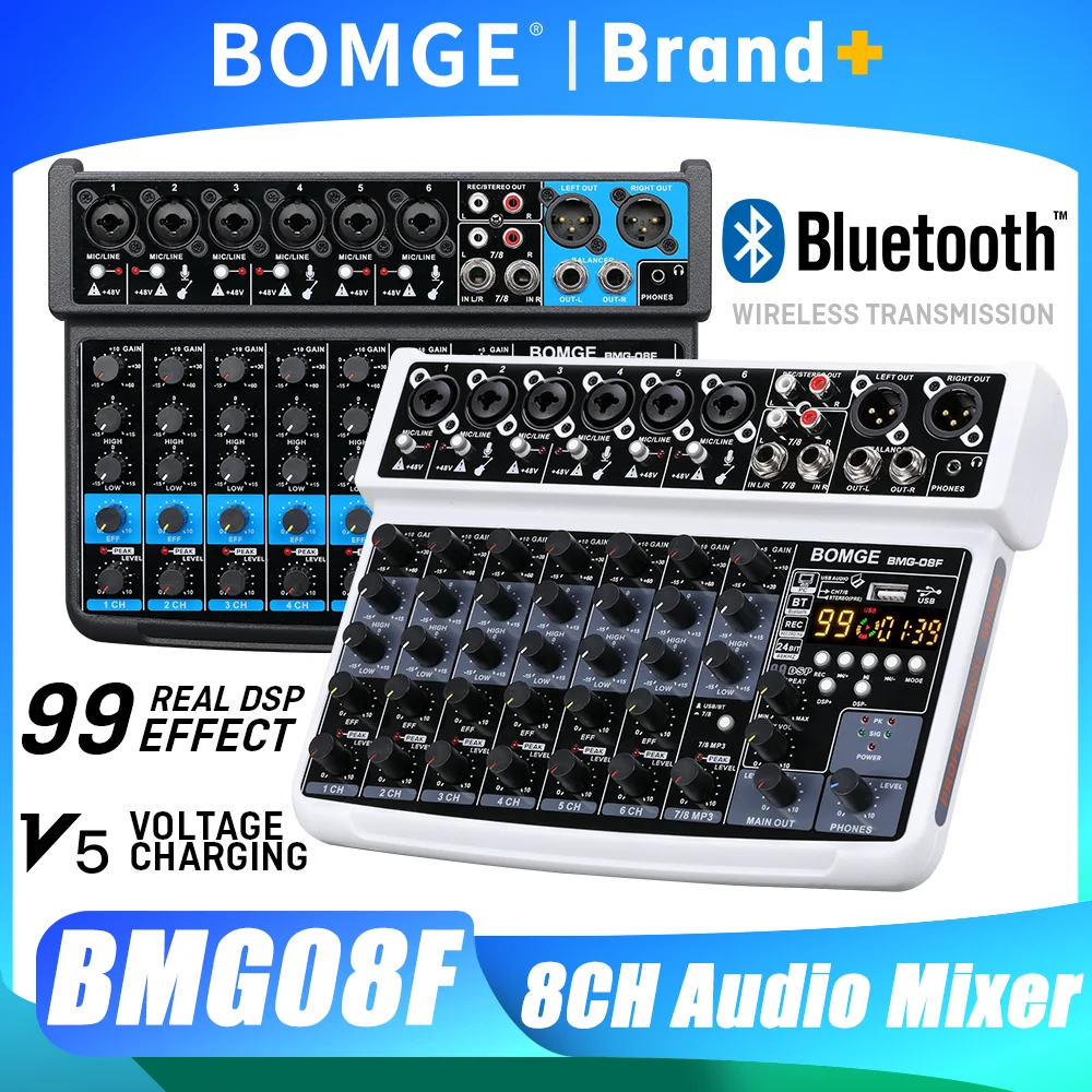 BOMGE Professional 8 Channel DJ Audio Sound Mixer Interface Mixing Console 99DSP Processor Desktop Karaoke with MP3 Input