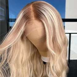 Highlight Blonde 13x4 Lace Front Wigs w Dark Roots Mixed Human Hair Loose Wavy Synthetic Fiber Wig for Women Daily Date Use