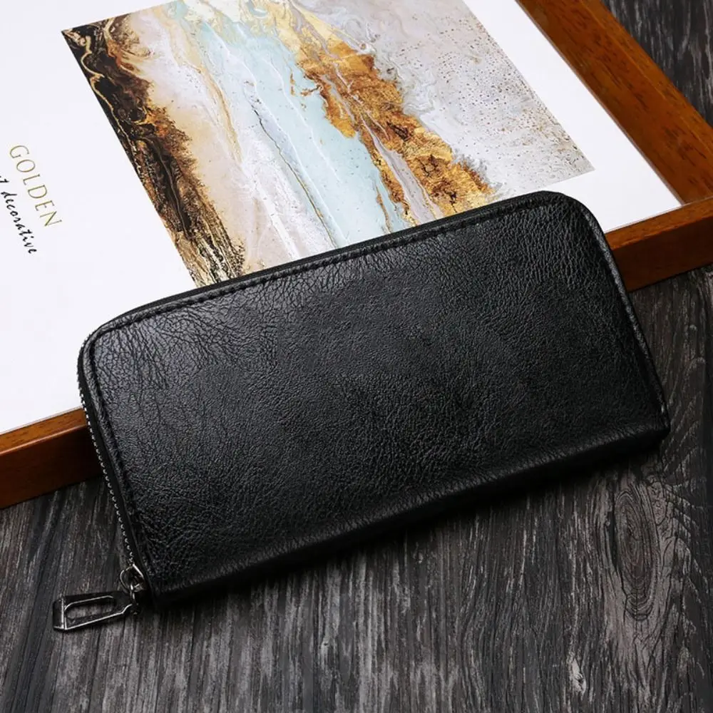 Fashion Men Long Zipper Leather Wallets Solid Color Male Business Clutch Bag Large Capacity Card Holder Mobile Phone Bag