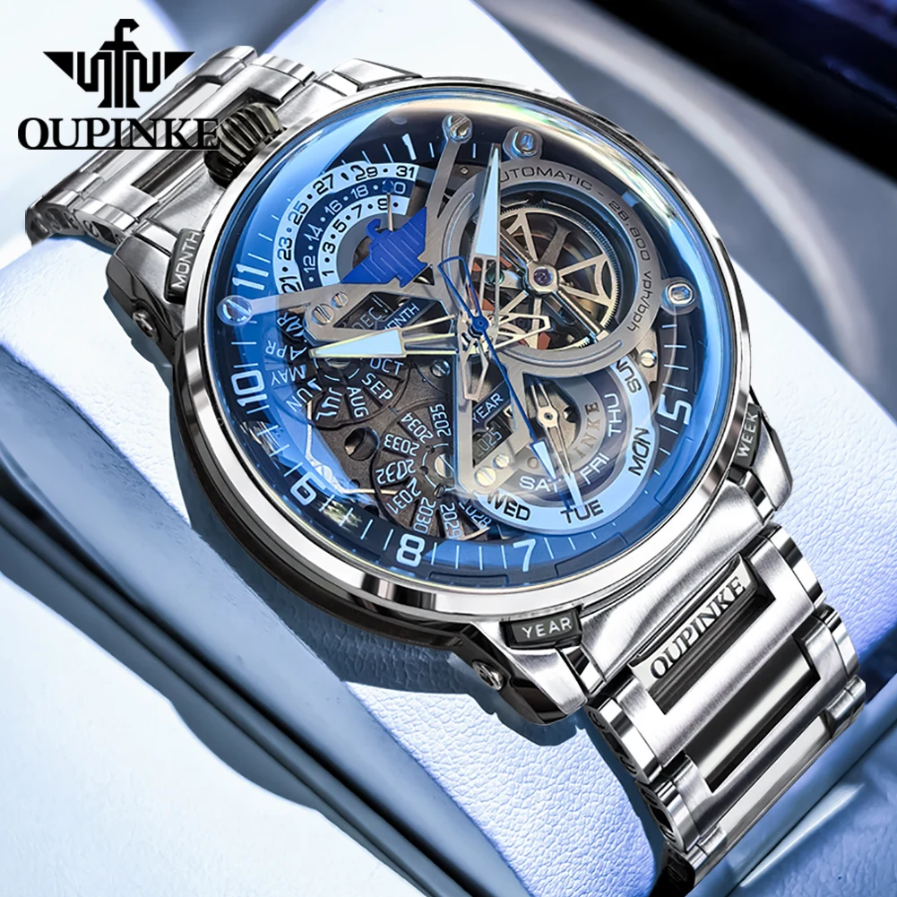 

OUPINKE 3278 Automatic Mechanical Wristwatch for Men Multi functional Date Skeleton 50M Waterproof Luxury Watches for Men