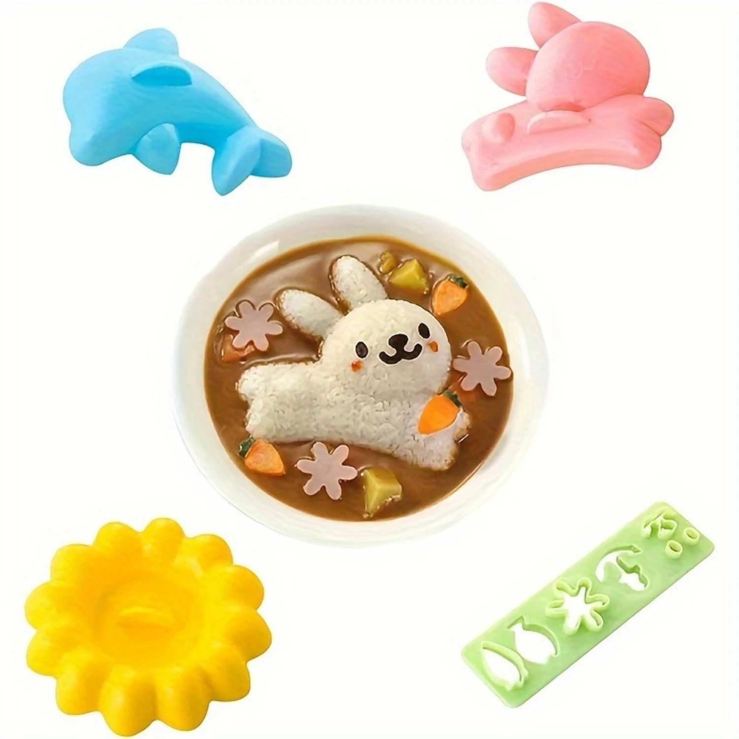 Cute Dolphin & Rabbit Flower Rice Ball Mold Set - DIY Sushi Bento Decorating Tools, Plastic Mold Kit