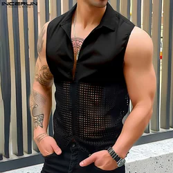 INCERUN 2024 Men Shirt Mesh Patchwork Lapel Sleeveless Streetwear Men Clothing Transparent Summer Fashion Casual Shirts S-5XL