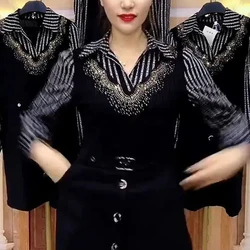 Spring and Autumn Korean Version Wearing Outside Covering the Belly Large Size Middle-aged Long Sleeved Fake Two-piece Dress