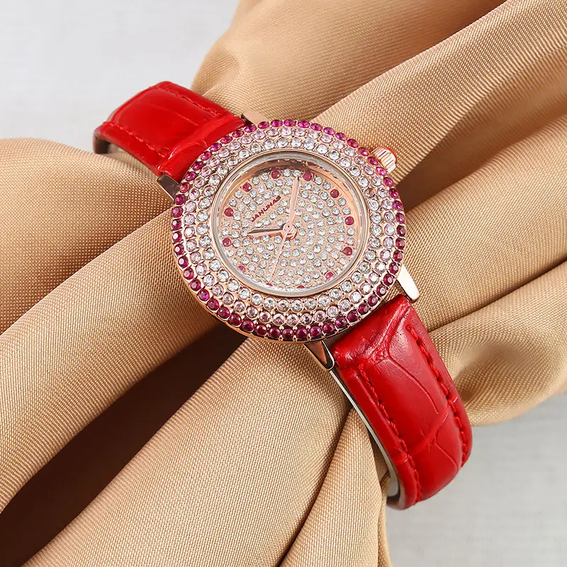 Ruby Palace Luxury Sapphire with Diamonds Unique Genuine Leather Watch Quartz Watch for Women\'s Fashion Gifts Relogios Feminino