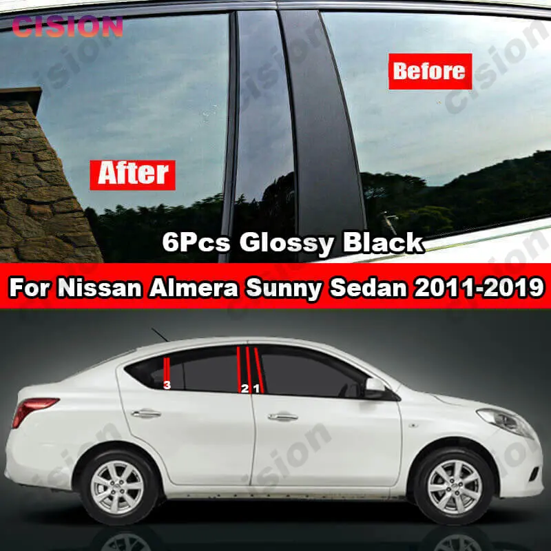 

6x Glossy Black Window Door Column B C Pillars Post Cover Trim For Nissan Almera Sunny Versa 2011-2019 Mirror Effect PC Sticker