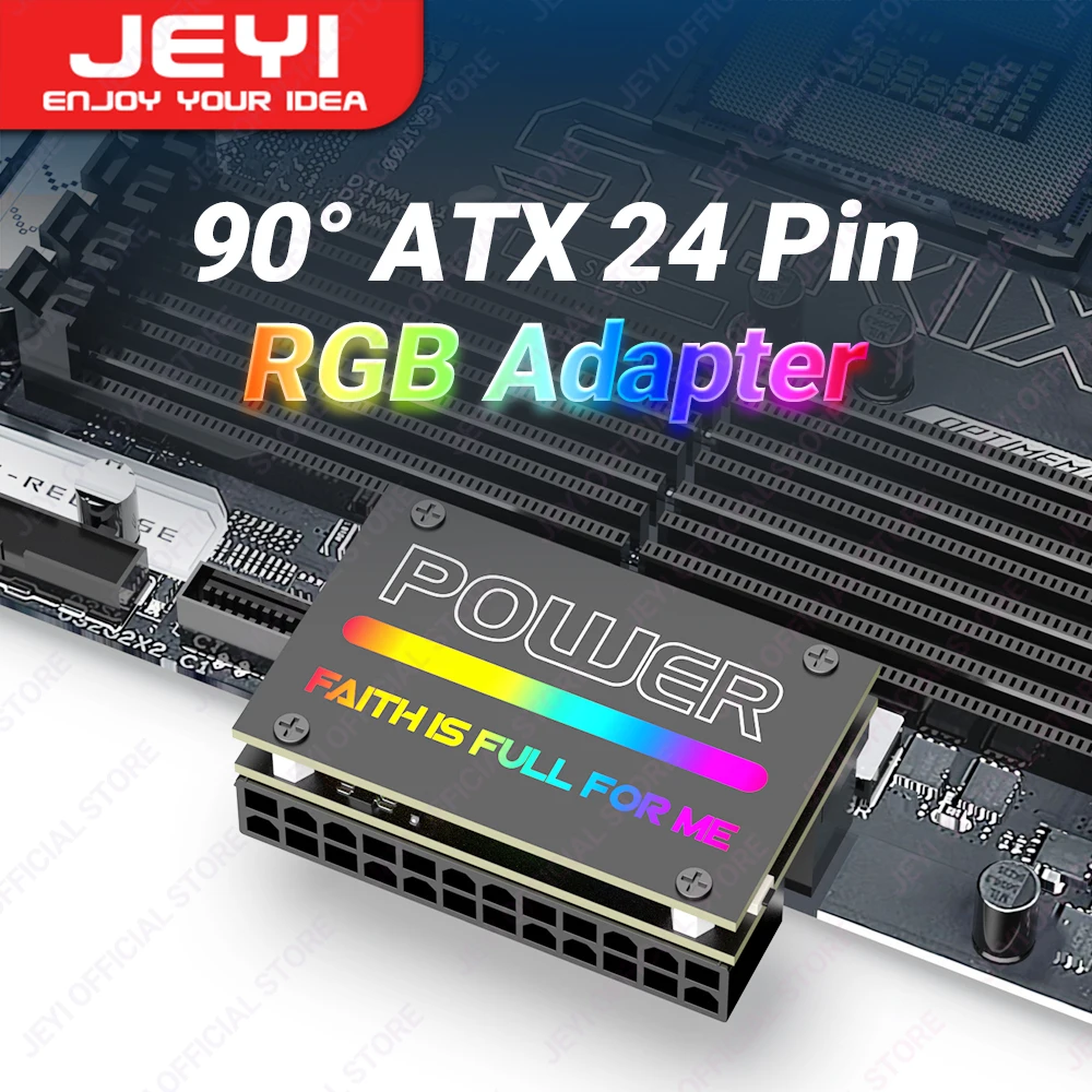 JEYI ATX 24Pin 90° RGB Adapter, 18 Light Modes Female to 24Pin Male 90 Degree Motherboard Power Adapter for Desktops PC Supply