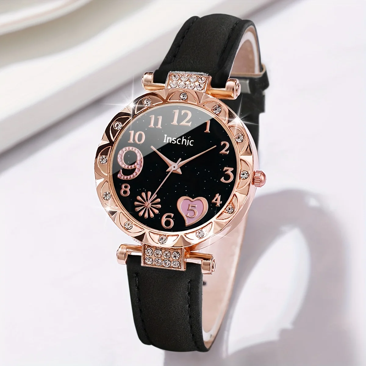 2 ชิ้น/เซ็ตโรแมนติกหัวใจ Rhinestone นาฬิกาและสร้อยข้อมือ Duo - Stylish Quartz Analog นาฬิกาพร้อมสายหนัง PU,