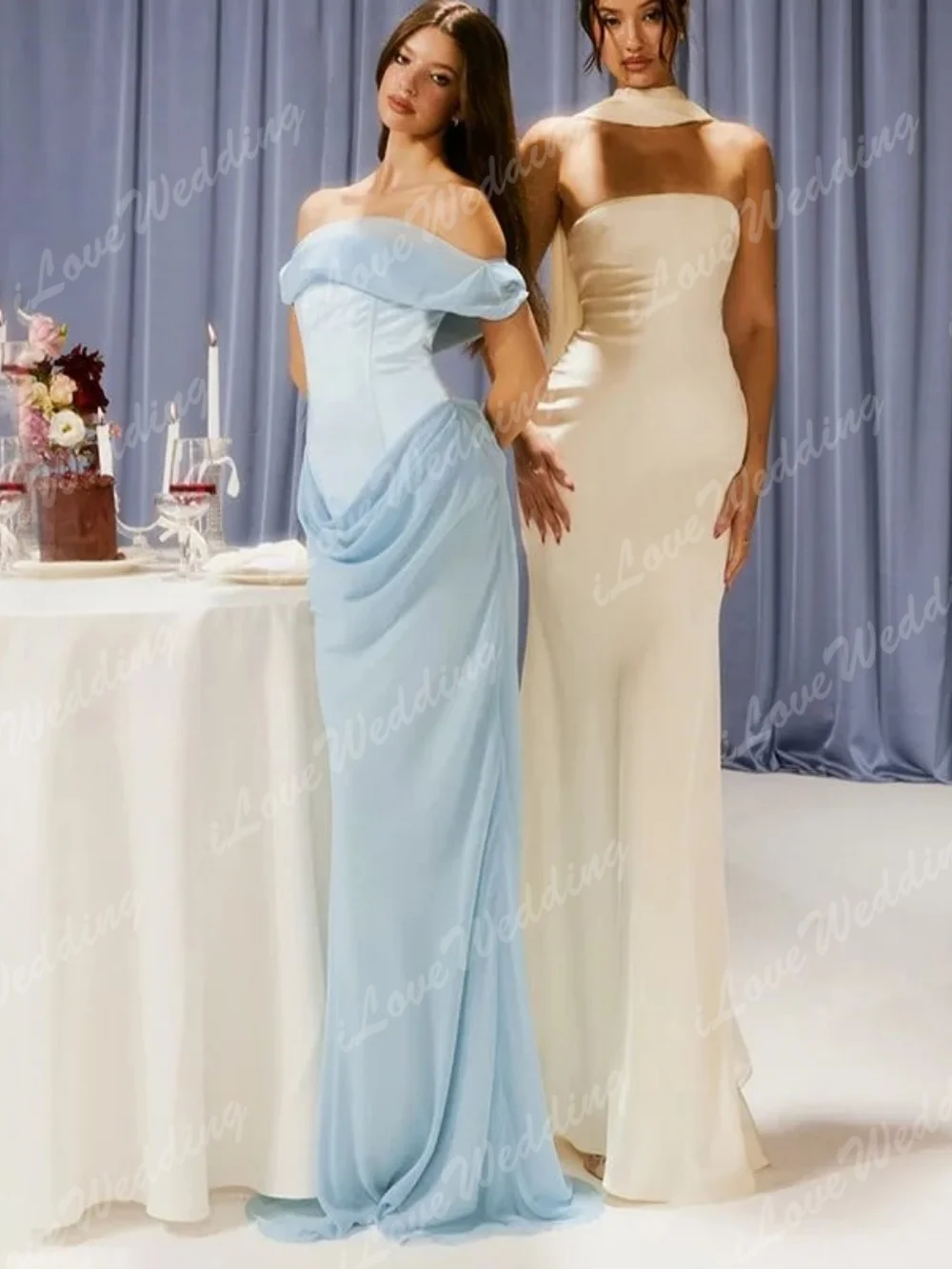 Blue Patchwork Sexy Diagonal Neck Women Evening Dress Backless High Wasit Prom Dress Elegant Wedding Party Gowns 2025 Customized