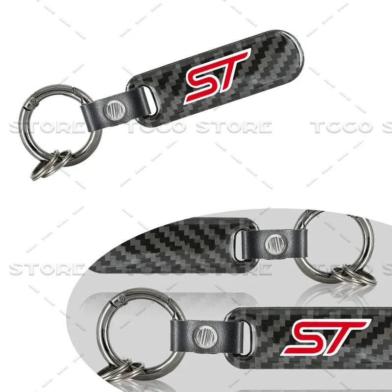 1Pcs Car Carbon Fiber Decor ST Logo Emblem Zinc Alloy Keyrings Keychain Pendant For Ford Focus Fiesta Edge Kuga