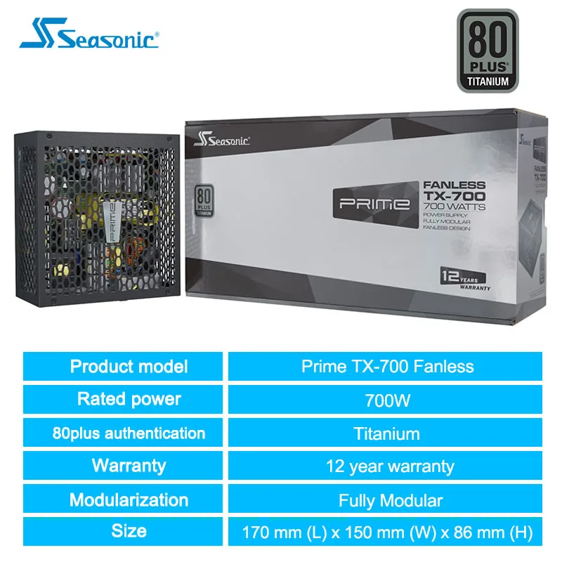 

Seasonic Prime TX-700 безвентиляторный блок питания для компьютера, 80 PLUS титановый полностью модульный блок питания 700 Вт ATX