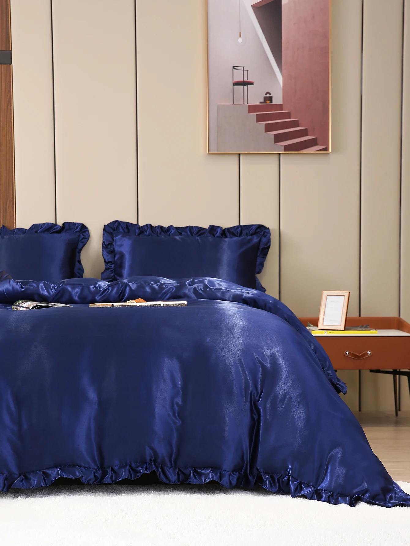 Dark Blue Satin Bedding Set Ruffled Duvet Cover Set Soft Gentle Reversible Quilt Cover Set Girls Adults Solid Bedding Set