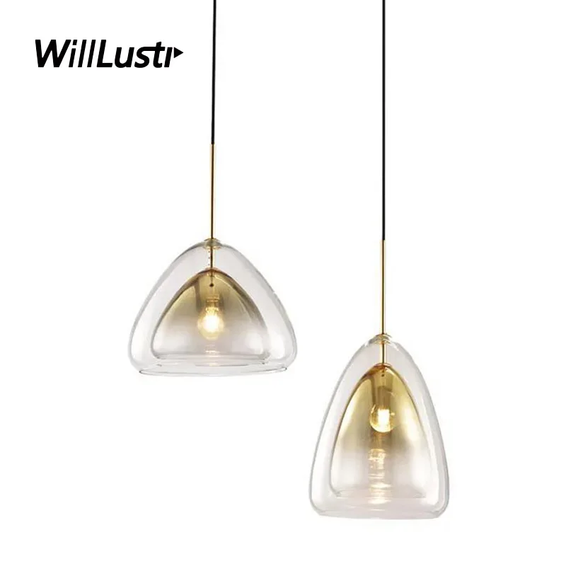 Glass Onion Pendant Lamp Double Glazing Iron Suspension Light Bar Cafe Bedside Gradient Gold Color Hanging Ceiling Chandelier