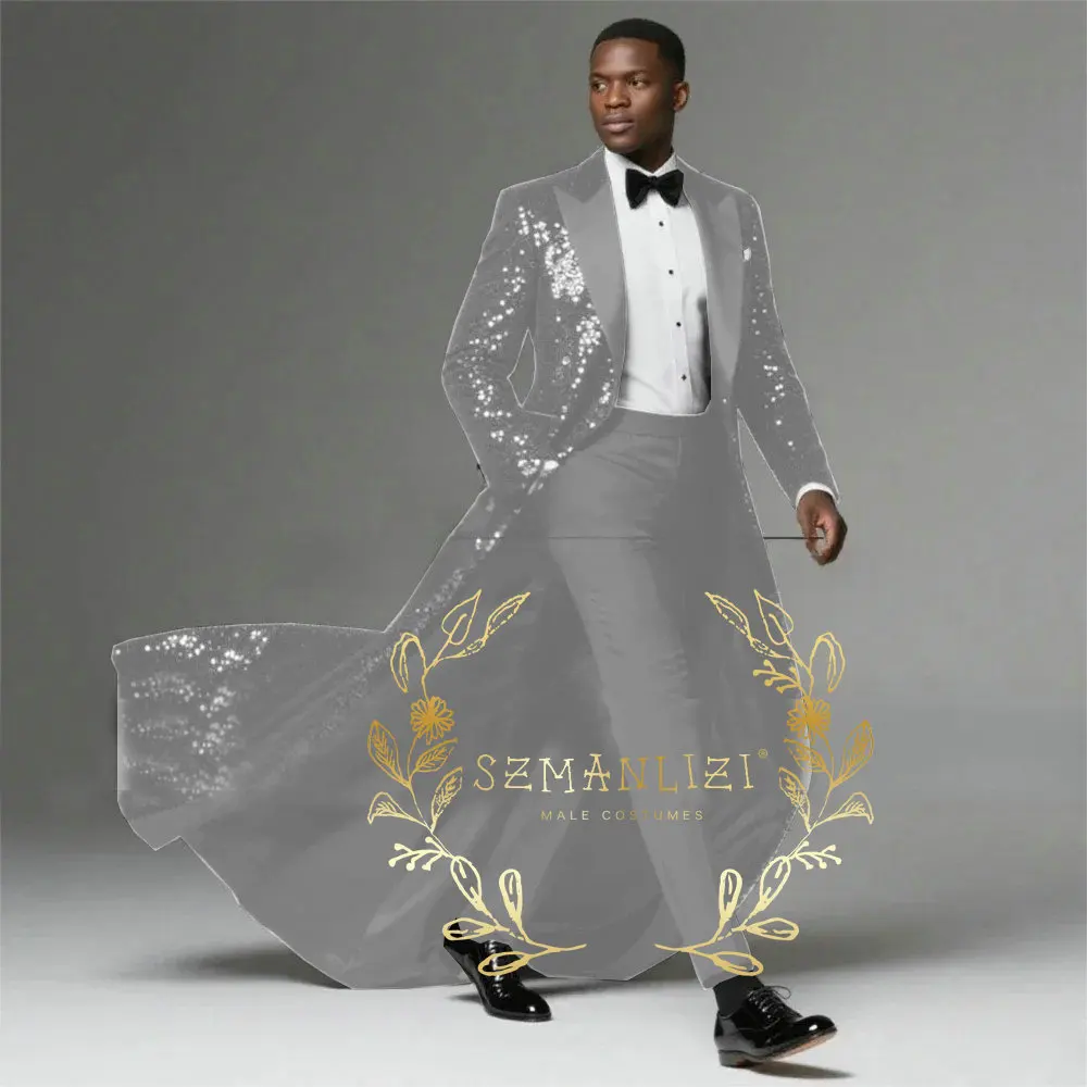 Black Sequins Suits Men 2 Pieces Sets Peaked Lapel Groom Blazers Sets Long Tail Customized Wedding Tuxedo costumes homme - Image 6