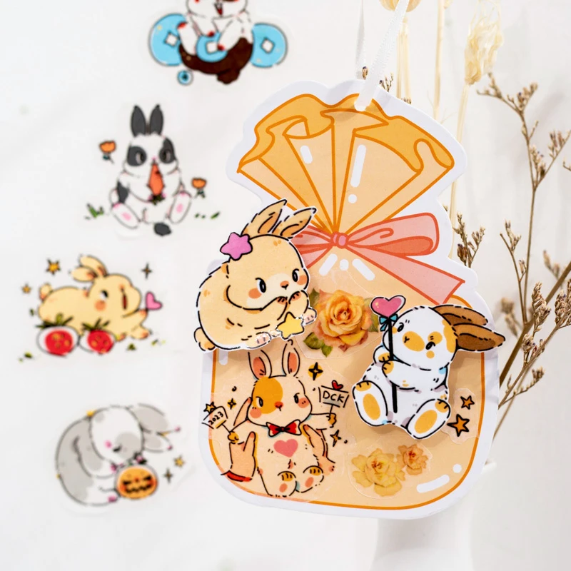 30 Sheets Bunny Miemie Series Kawaii Rabbit Theme Washi Paper Crystal Ink Sticker Creative DIY Collage Decor Stationery