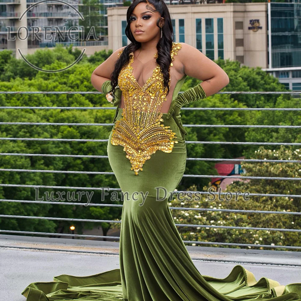 

Elegant Gold Crystal Prom Dresses for Black Girl Mermaid Evening Party Gowns Customized Sleeveless Court Train vestido madrinha