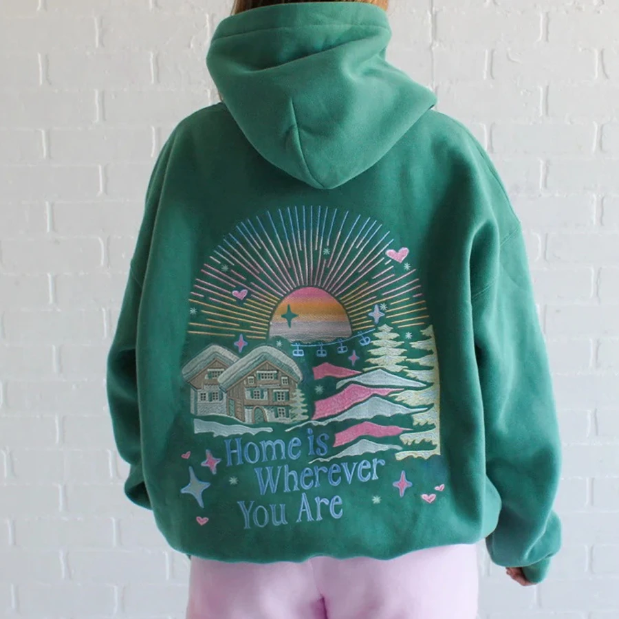 

Women Casual Loose Hoodies Letter House Sun Embroidered Long Sleeve Hooded Sweatshirt Trendy Winter Fall Streetwear
