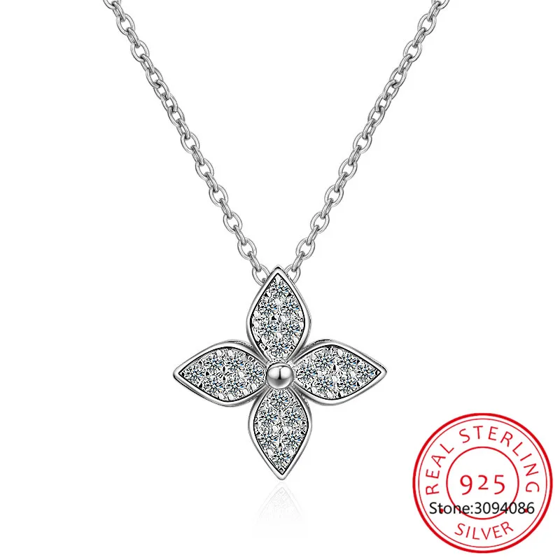 Collar de plata de ley 925 con trébol de cuatro hojas y purpurina, colgantes para mujer, decoración que combina con ropa, joyería fina, Colar de Prata