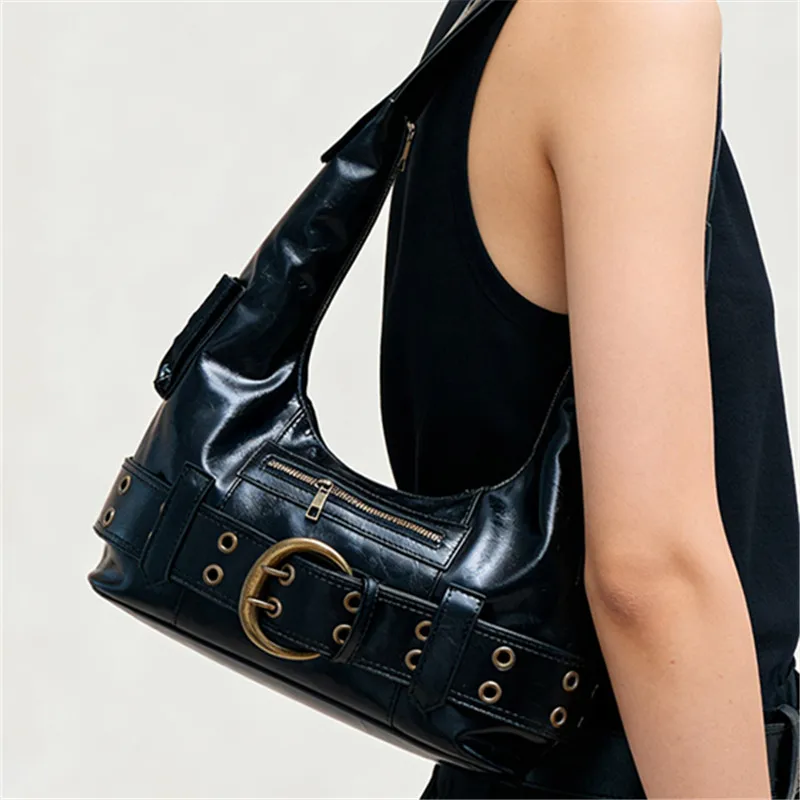 Y2K Black Leather Handbag Shoulder Bag with Silver Belt Buckle Eyelet Hardware Perfect for Women Streetwear Punk Gothic Outfits