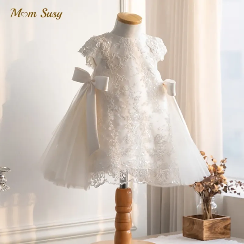 Baby Girl Princess Lace Dress Bow Short Sleeve Infant Toddler Child Vintage Vestido Party Wedding Birthday Baby Clothes 1-12Y