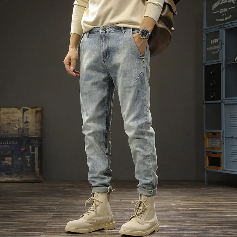 Fashion Designer Men Jeans Retro Blue Elastic Slim Fit Spliced Vintage Jeans Men Korean Style Casual Denim Pencil Pants Hombre