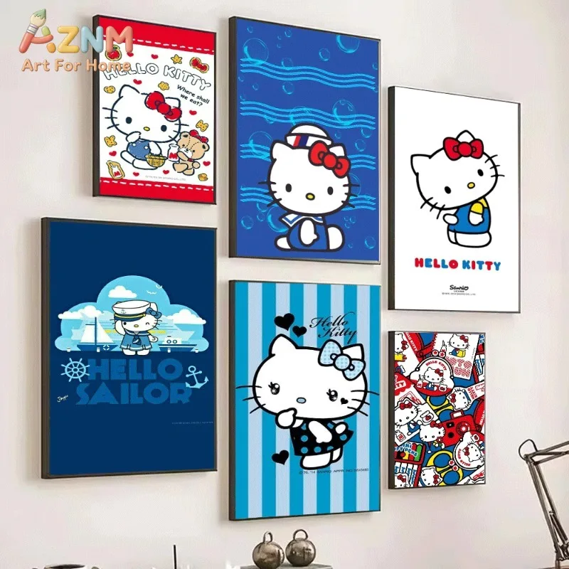Hello Kitty Canvas Poster Cute Sanrio Cartoon Print Unframed Canvas Art Picnic Sailor Ocean Anchor Sweet Kawaii Aesthetic Wall