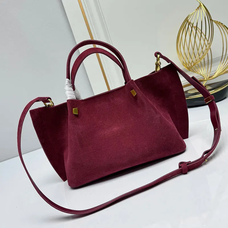 Burgundy Tote Bag Luxury Design Ladies Handbag Ancora Ankela Red High Quality Suede Leather Large Capacity Travel Shopping Bag