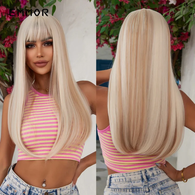 Emmor Platinum Blonde Ombre White Highlight Dark Roots Synthetic Wigs for Women Long Straight Cosplay Wig Heat Resistant Hair