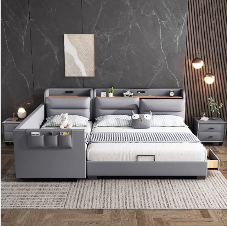 

Family Bed Family bed Modern simple master bedroom Queen bed Double bed large spliced bed Solid wood leather bed