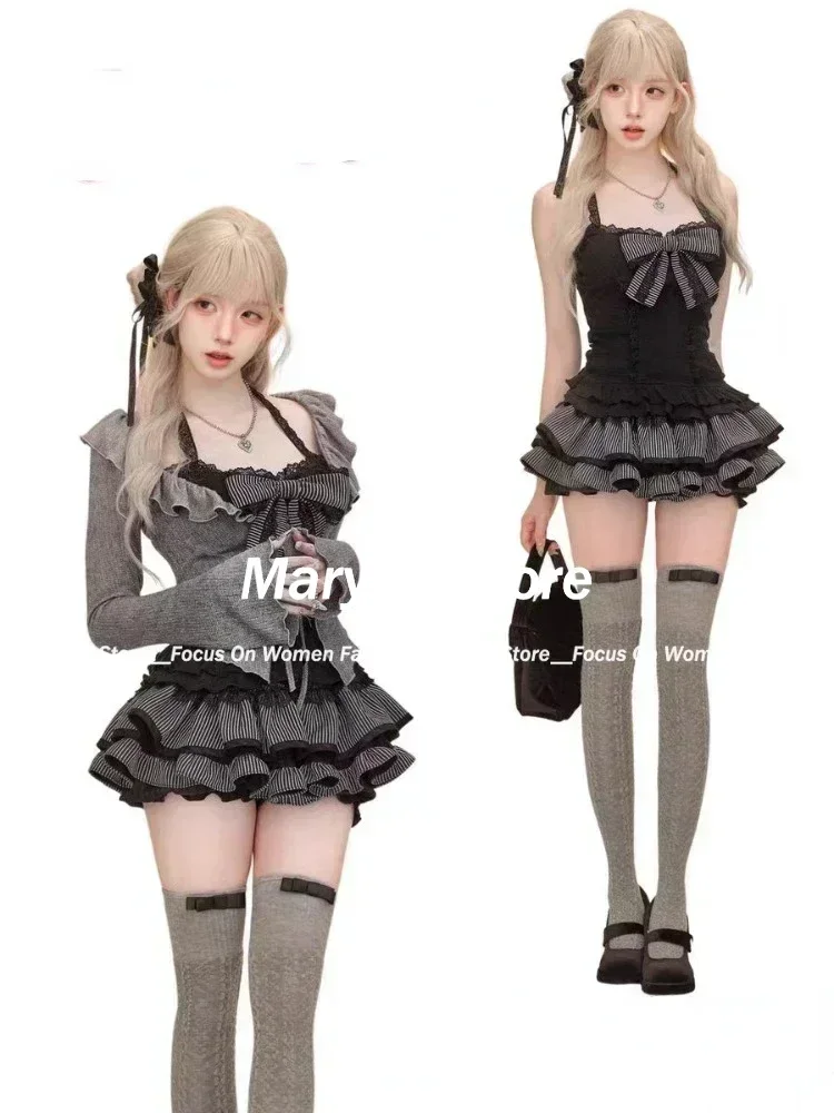 Autumn Japanese Sweet Lolita outfits 3 Piece Set Women Casual Knitted Cardigan+ Sexy Slim Lace Vest Tops+ High Waist Cake Skirt
