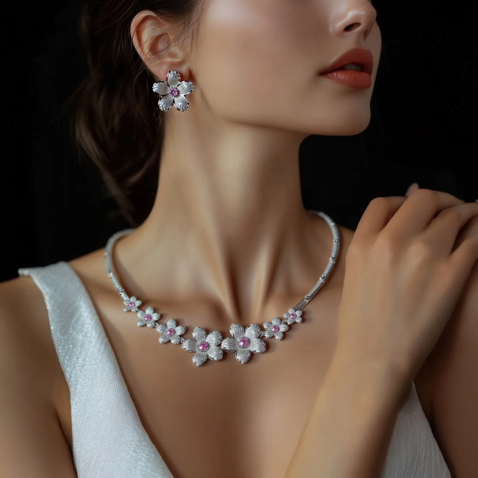 سوبر جميلة قلادة أقراط زهرة قوي مصقول مجوهرات الزفاف إكسسوارات فتيات مجموعة حفلة خطوبة هدية عطلة M-56 #5