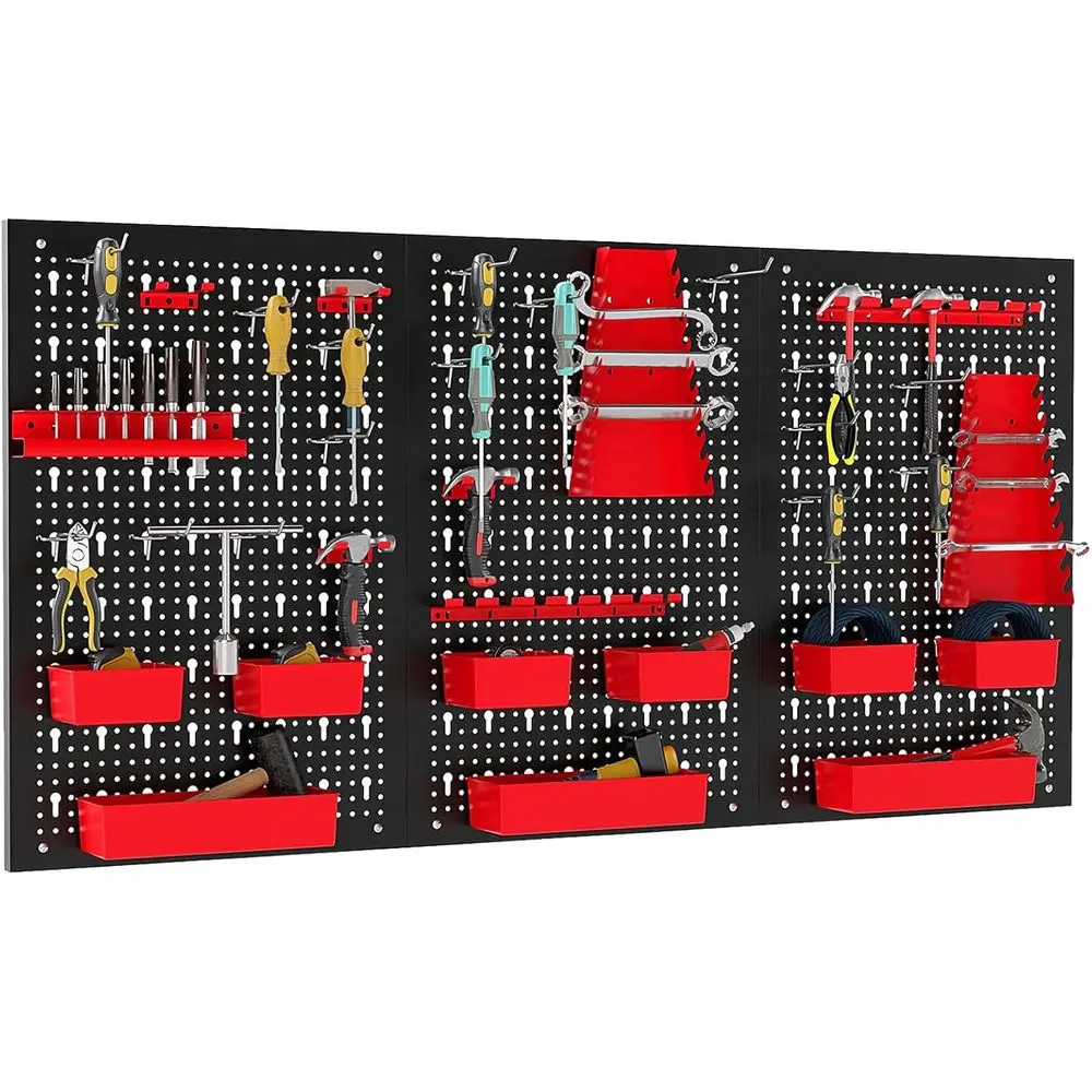 

Настенный органайзер-перфорированная панель, 9-секционная полка для инструментов с держателями для молотков, крючками и подставками для инструментов, сверхпрочная универсальная доска для хранения инструментов