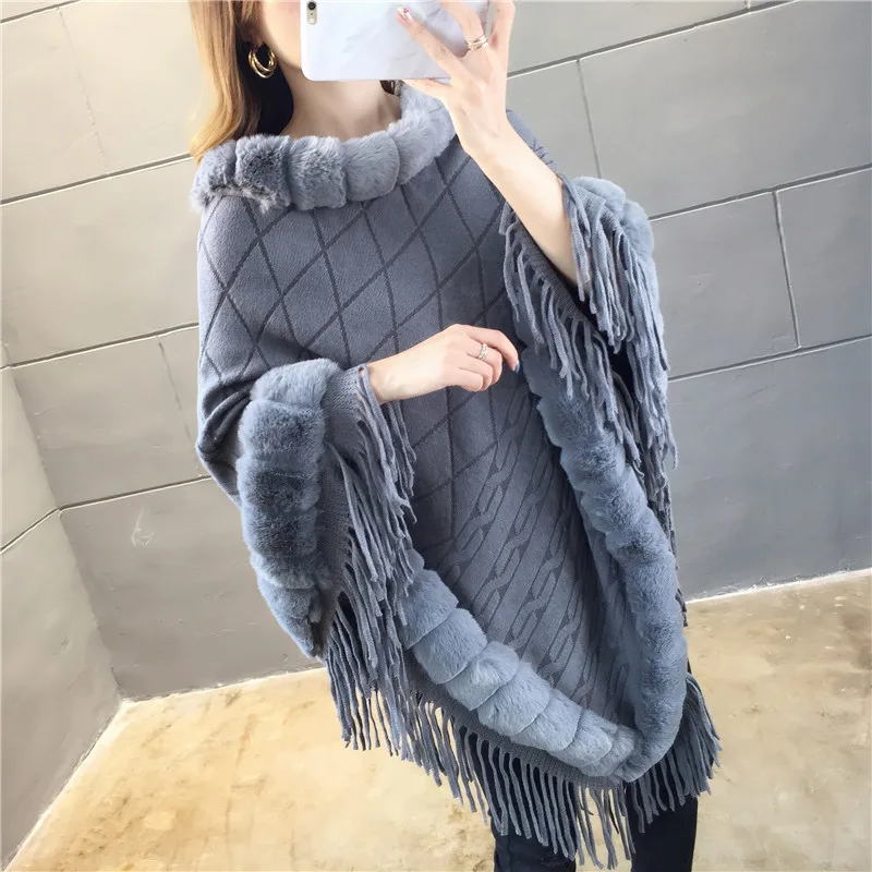 Abrigo de imitación de piel de conejo para mujer, cuello de lana de imitación, Jersey, chal, Poncho cálido, capas grises, Otoño e Invierno