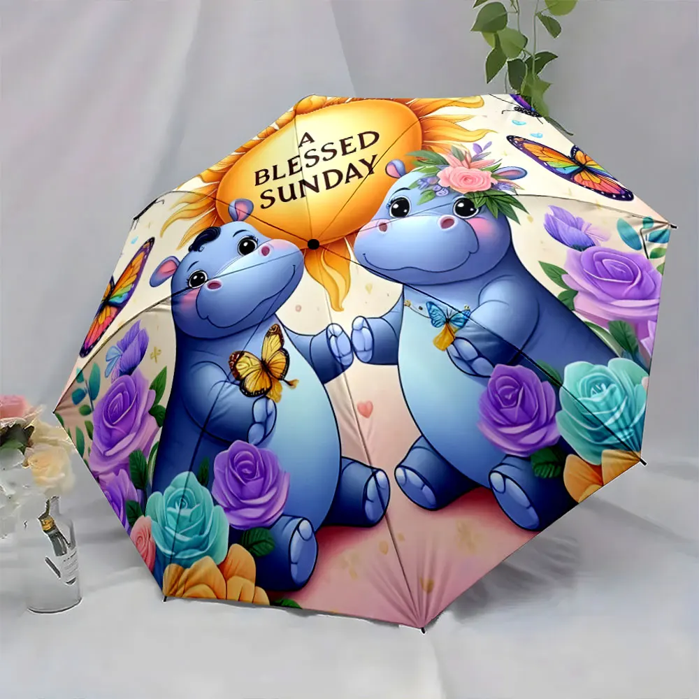 1PC Colorful Hippo Print Umbrella for a Blissful Sunday Print 8 Iron Ribs Folding Umbrella Auto-Open Fashion Sunshade