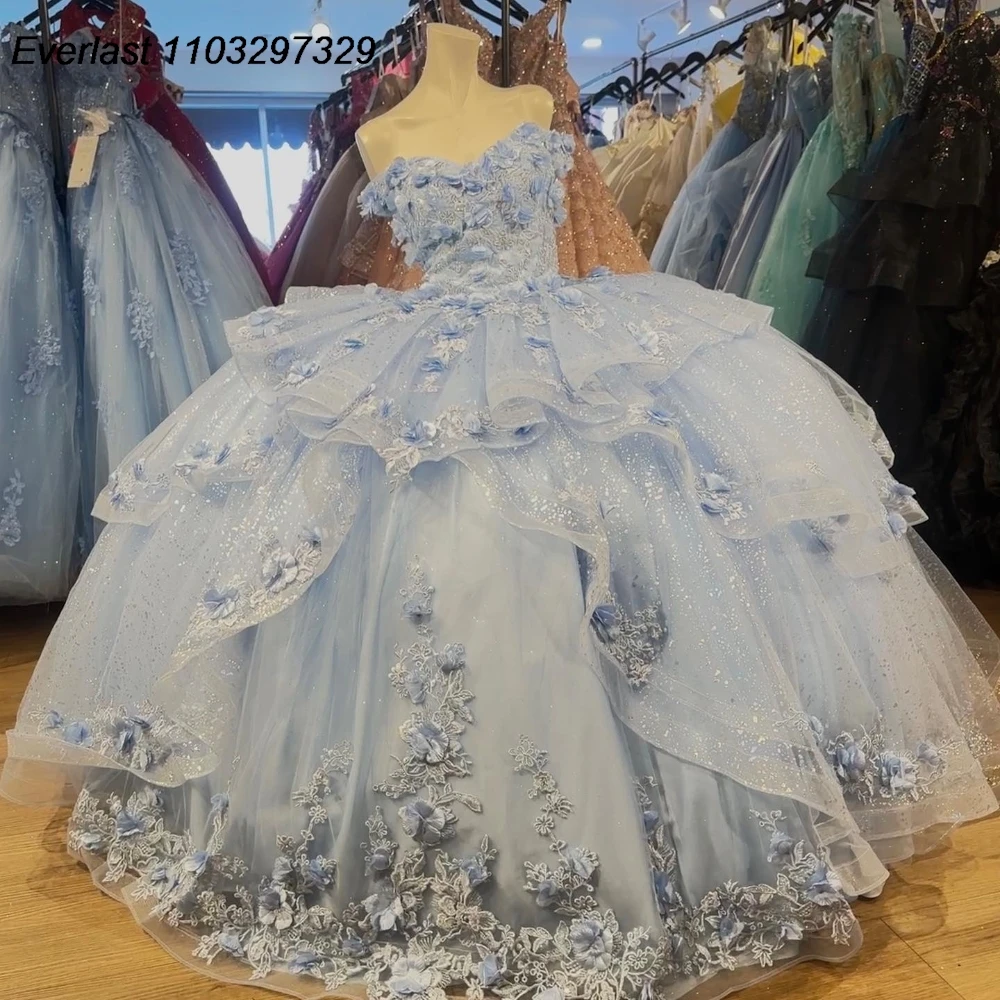 

EVLAST Shiny Blue Quinceanera Dress Ball Gown Floral Applique Beading Tiered Mexican Corset Sweet 16 Vestido De 15 Anos TQD976