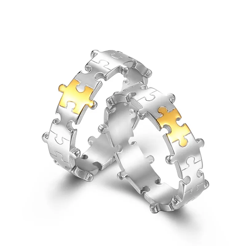 Creative Stainless Steel Puzzle Design Couple Rings Wedding Band Ring for Women Men Size 6-11