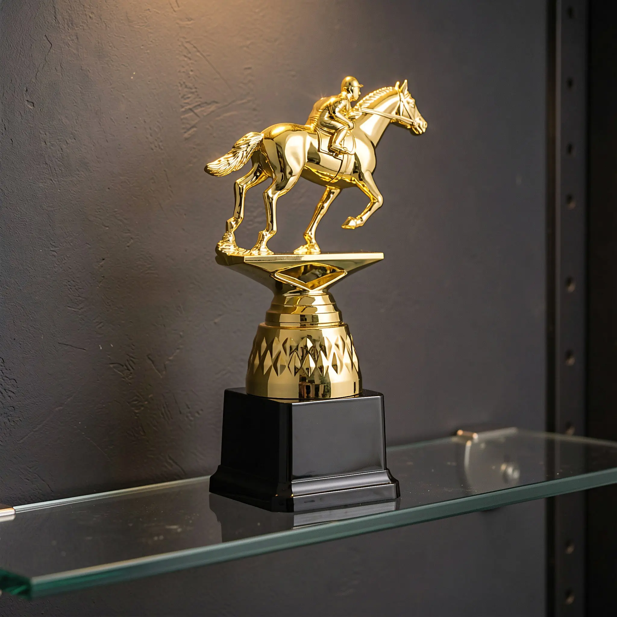 Horse Racing Trophy Cup Golden Base with Horse Riding Figure Engraving Section Equestrian Derby Prize Award Trophy Award