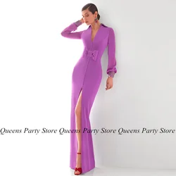 Mother Of The Bride Dress New Arrival Long Sleeves V Neck Front Buttons Bowknot Split Wedding Guest Gown Evening Dresses