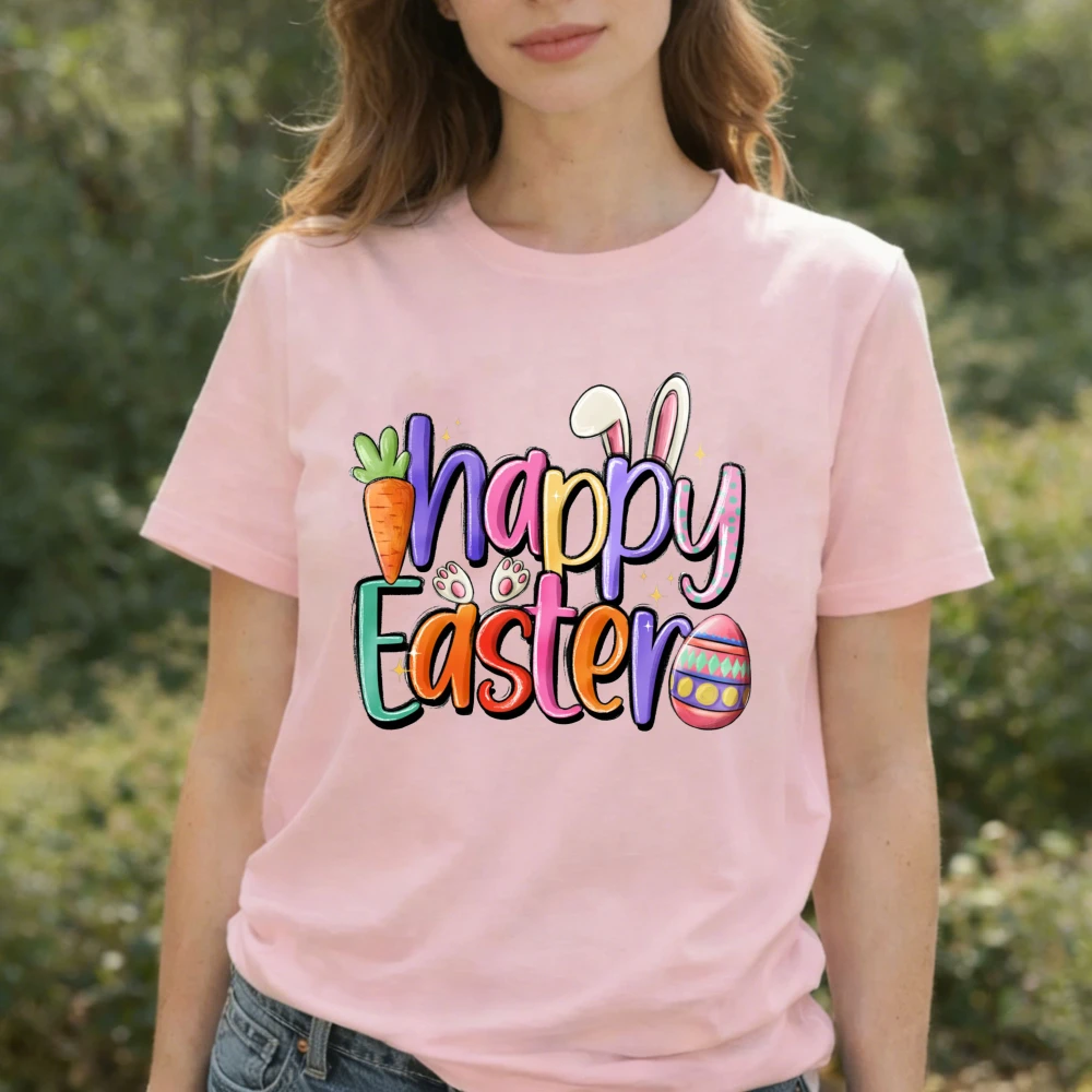 Happy Easter Cartoon Typographic T-Shirt Bunny Ears & Carrot with Paw & Egg Graphic Breathable Casual Festive Looks Streetwear