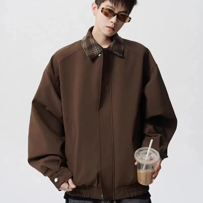 Bruin vluchtjack Vissersjack Heren herfst en winter Nieuw casual patchwork nep tweedelige jas Retro high-end reversjack